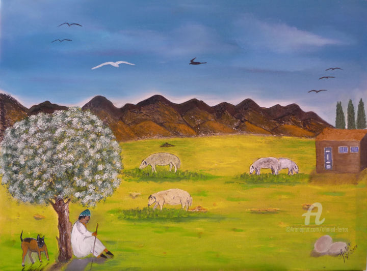Peinture intitulée "la prairie" par Ahmed Fertat, Œuvre d'art originale, Huile