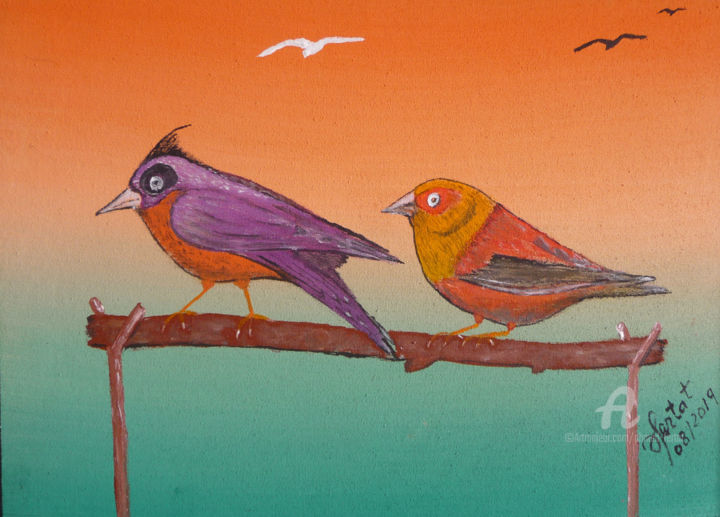 Painting titled "oiseau à mèche" by Ahmed Fertat, Original Artwork, Acrylic