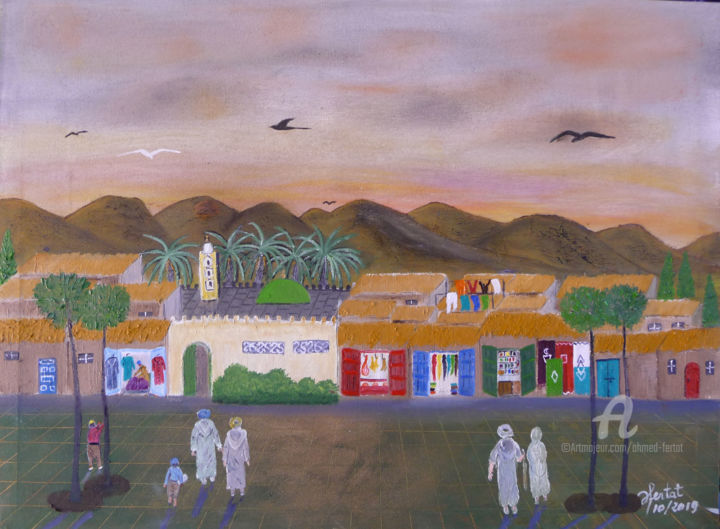Painting titled "le village" by Ahmed Fertat, Original Artwork, Oil
