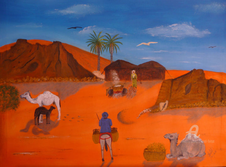 Painting titled "campement nomades" by Ahmed Fertat, Original Artwork, Oil