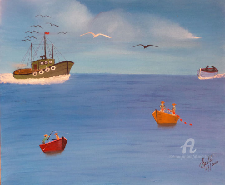 Pintura intitulada "la pêche cotière" por Ahmed Fertat, Obras de arte originais, Acrílico