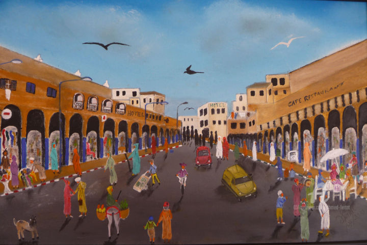 Pintura titulada "rue commerçante" por Ahmed Fertat, Obra de arte original, Oleo