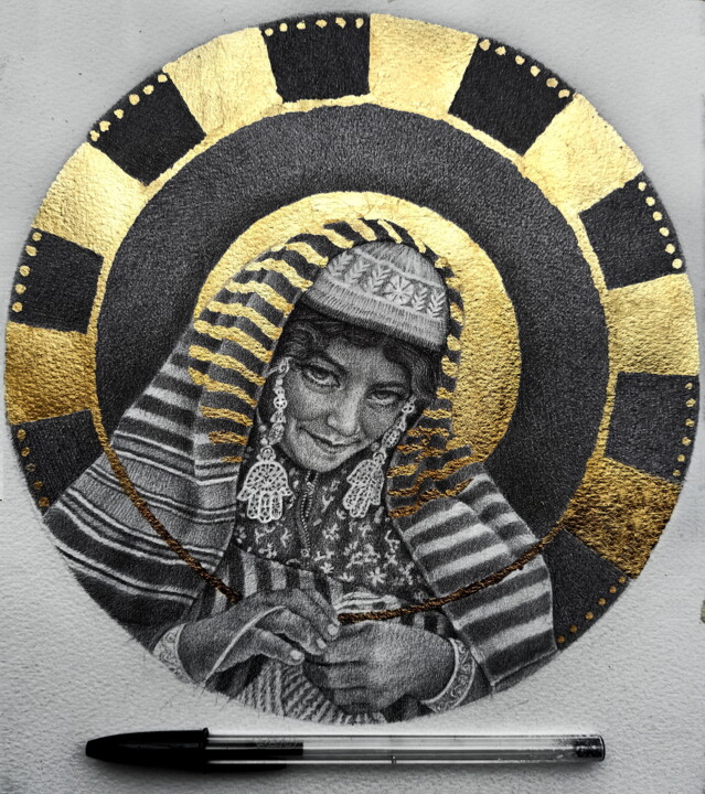 Drawing titled "golden portrait v" by Ahmed Mejbri, Original Artwork, Ballpoint pen