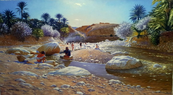 Painting titled "laveuse dans l'oued" by Ahmed Mekkaoui, Original Artwork