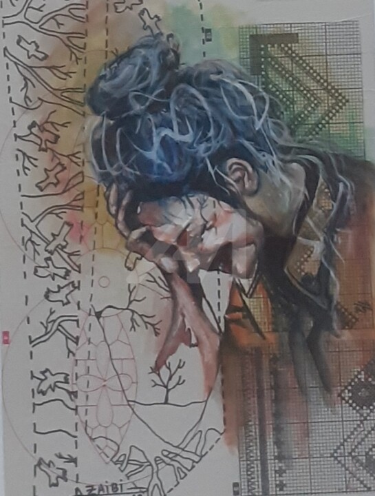 Peinture intitulée "Fou rire" par Ahmed Zaibi, Œuvre d'art originale, Aquarelle Monté sur Panneau de bois
