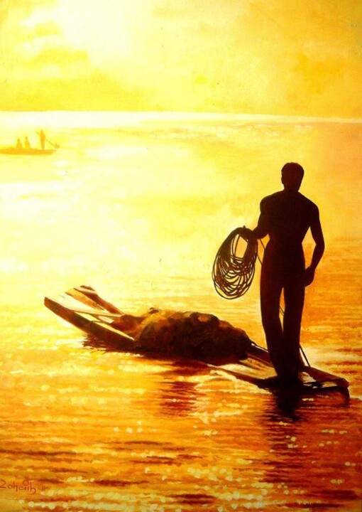 Schilderij getiteld "Fisherman in Sunset" door Ahmed Zohaib, Origineel Kunstwerk, Acryl