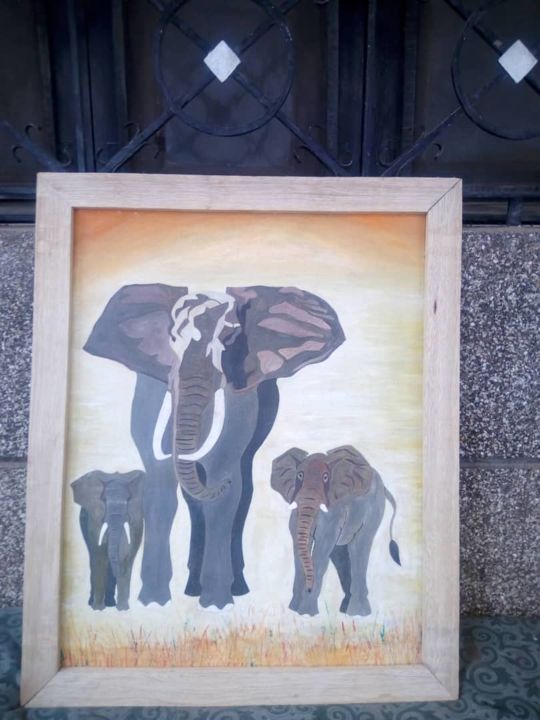 Painting titled "les elephants" by Ahmed Tall, Original Artwork, Watercolor