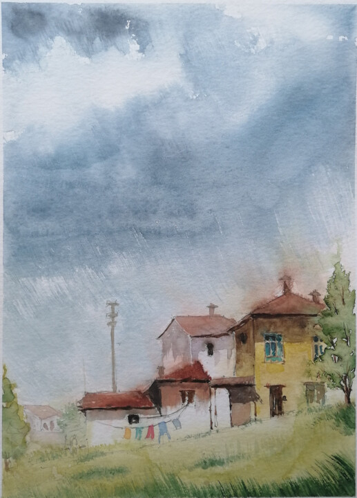 Painting titled "the rain" by Ahmet Balci, Original Artwork, Watercolor