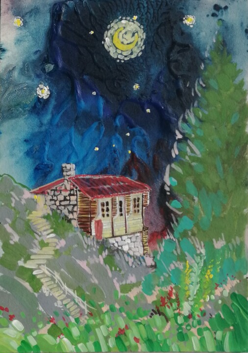 Dessin intitulée "yıldızlı gece" par Ahmet Balci, Œuvre d'art originale, Acrylique