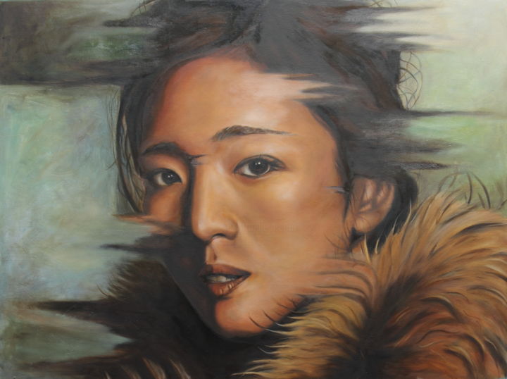 Painting titled "Portrait of Gong Li" by Pun Kin Wong, Original Artwork, Oil