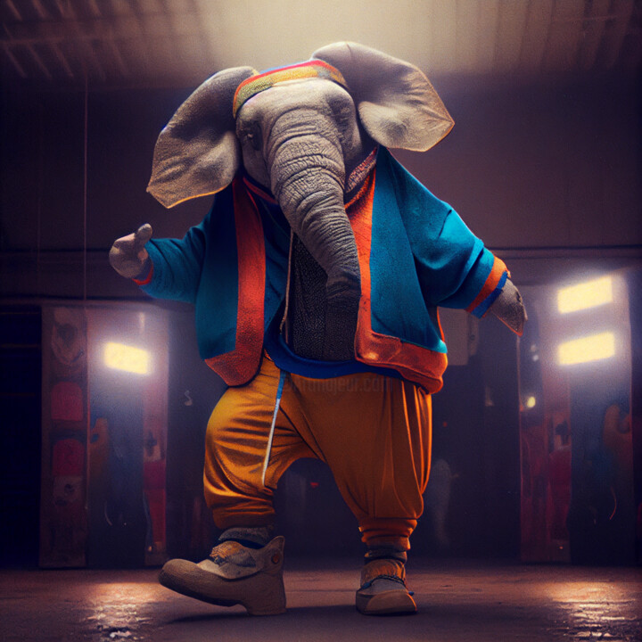 Digital Arts titled "Hip Hop Elephant" by Jérôme Mettling, Original Artwork, AI generated image