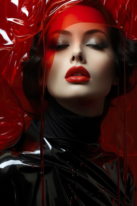 Arts numériques intitulée "Red Lips Portrait" par Jérôme Mettling, Œuvre d'art originale, Image générée par l'IA