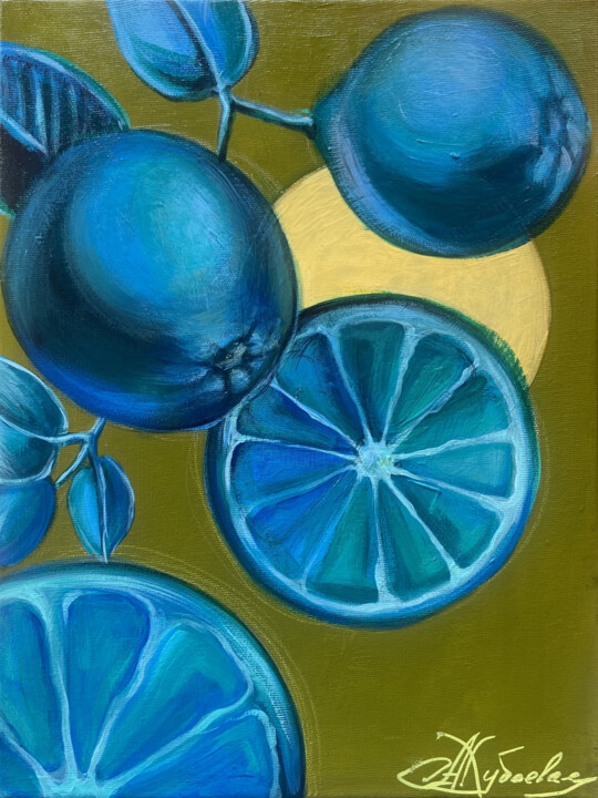 Painting titled "lemons. night lemons" by Aida Khubaeva, Original Artwork, Acrylic Mounted on Wood Stretcher frame