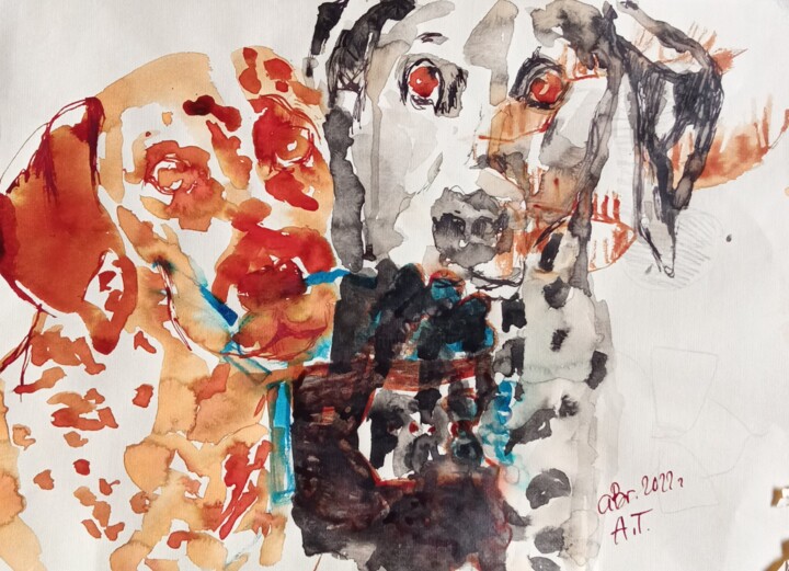 Рисунок под названием "Набросок двух собак" - Аида Туркменова, Подлинное произведение искусства, Чернила