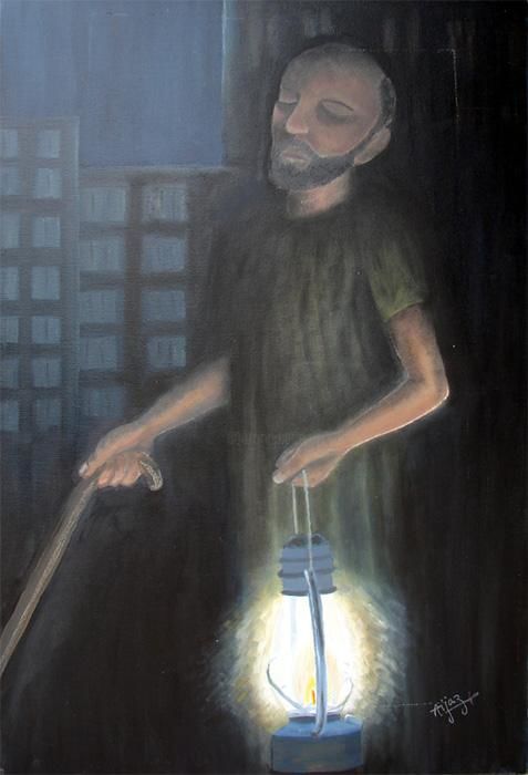 Peinture intitulée "Blind Man with Lant…" par Aijaz Qaisar, Œuvre d'art originale