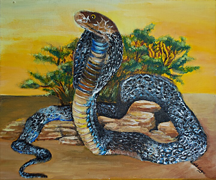 Painting titled "Cobra royal au sole…" by Aile D'Argent, Original Artwork, Acrylic