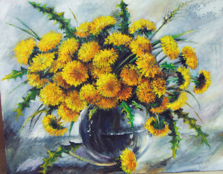 Painting titled "Dandelions" by Aleks Filatova, Original Artwork, Oil