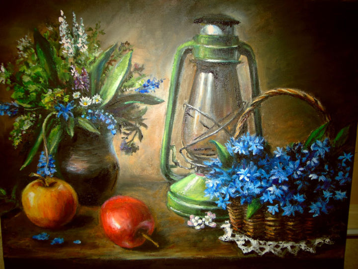 Painting titled "Still life with lamp" by Aleks Filatova, Original Artwork, Oil