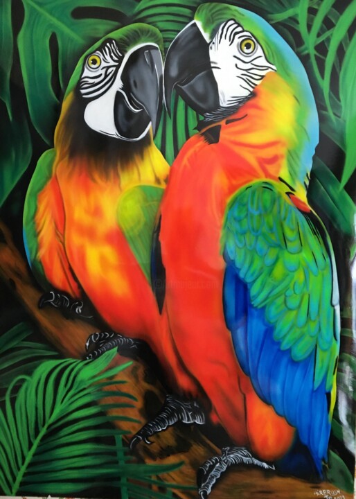Schilderij getiteld "Papegaaien Liefde" door Airbrush Art Tp, Origineel Kunstwerk, Acryl