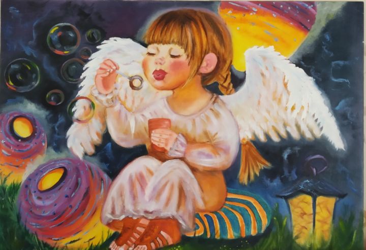 Peinture intitulée "Ангелочек" par Airis, Œuvre d'art originale, Huile Monté sur Panneau de bois