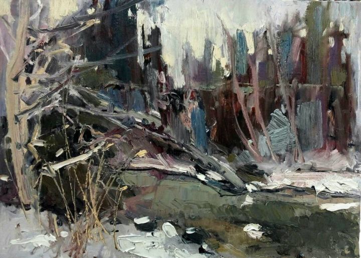 Картина под названием "Зима" - Aizhan Mambetova, Подлинное произведение искусства, Масло Установлен на Деревянная рама для н…