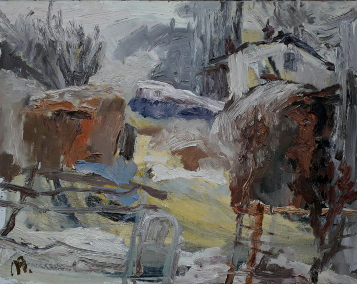Картина под названием "Скотный двор" - Aizhan Mambetova, Подлинное произведение искусства, Масло Установлен на Деревянная ра…