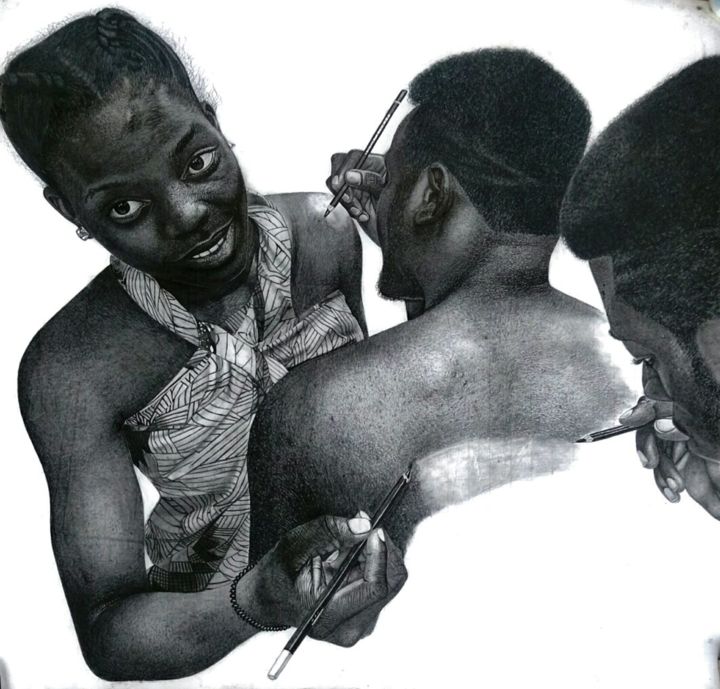 Drawing titled "YOU COMPLETE ME" by Ajadudraws, Original Art, Graphite Mounted on Stretcher frame