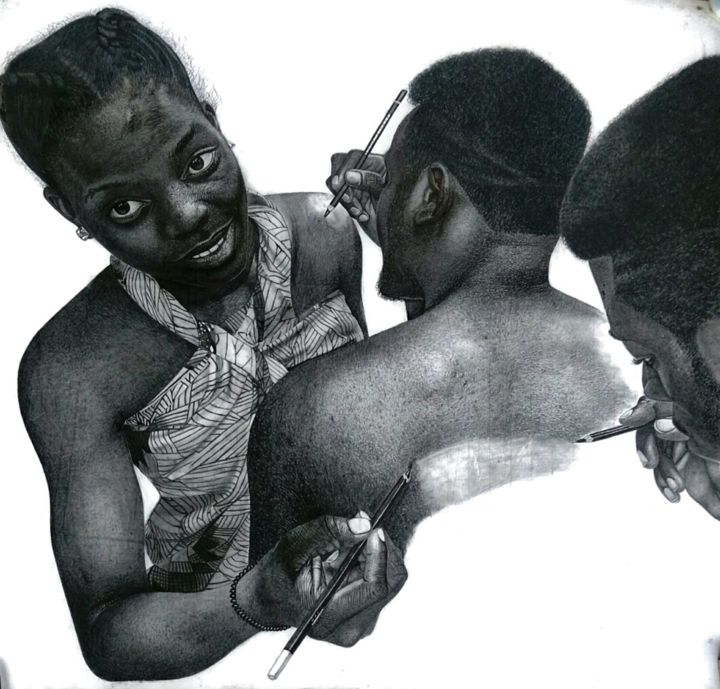 Drawing titled "YOU COMPLETE ME" by Ajadudraws, Original Artwork, Graphite Mounted on Wood Stretcher frame