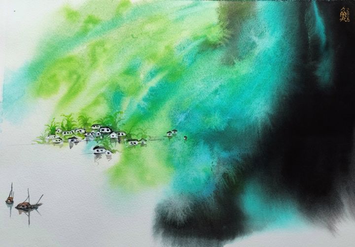 Painting titled "The water town II" by Aj Art, Original Art, Watercolor