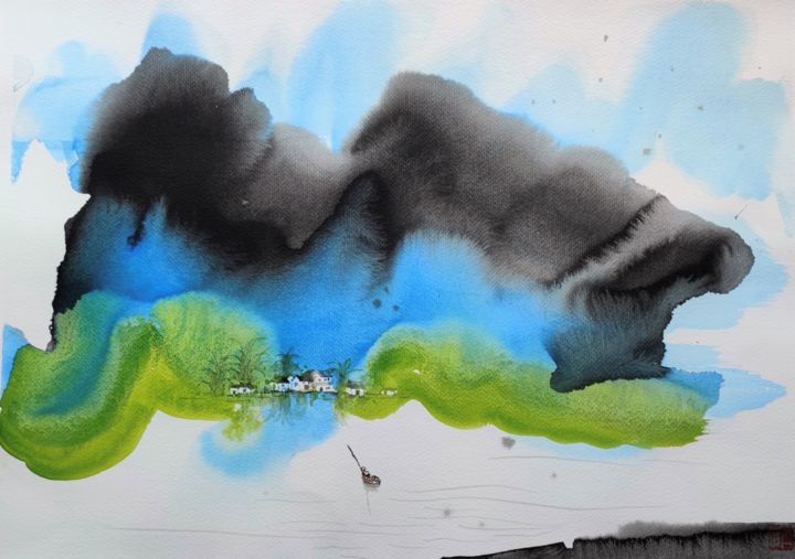 Painting titled "Water town" by Aj Art, Original Art, Watercolor