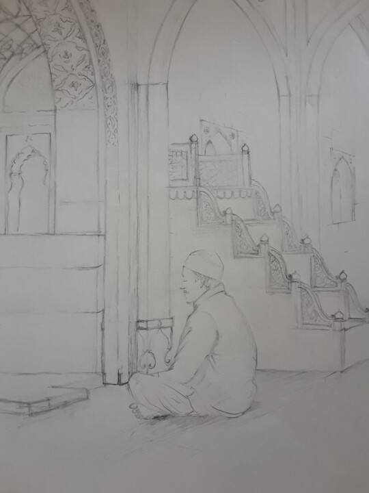 Dessin intitulée "Man in prayers." par Ajmal Maharaj, Œuvre d'art originale, Graphite