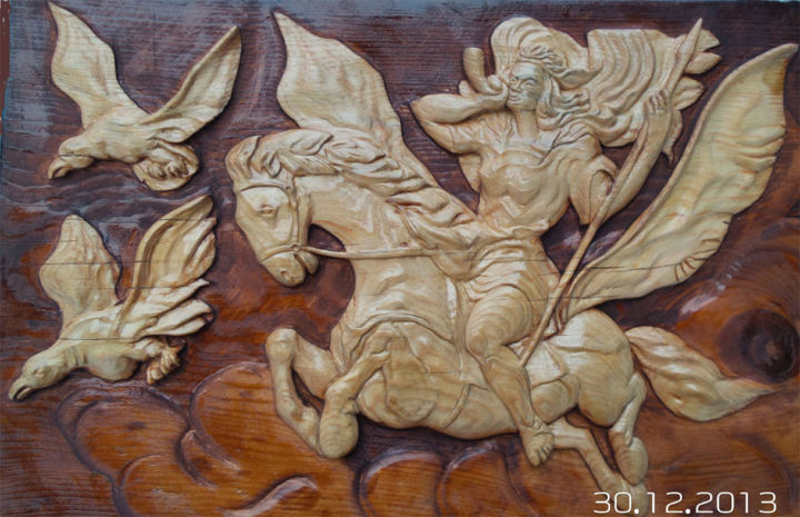 Скульптура под названием "Зов  валькирии" - Калибек Ишпекбай -Улы Айнажаров, Подлинное произведение искусства, Дерево
