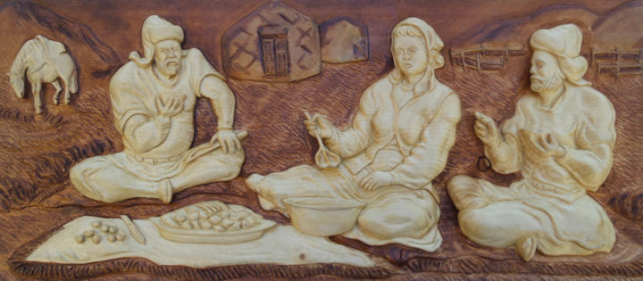 Скульптура под названием "Степной  гость" - Калибек Ишпекбай -Улы Айнажаров, Подлинное произведение искусства, Дерево