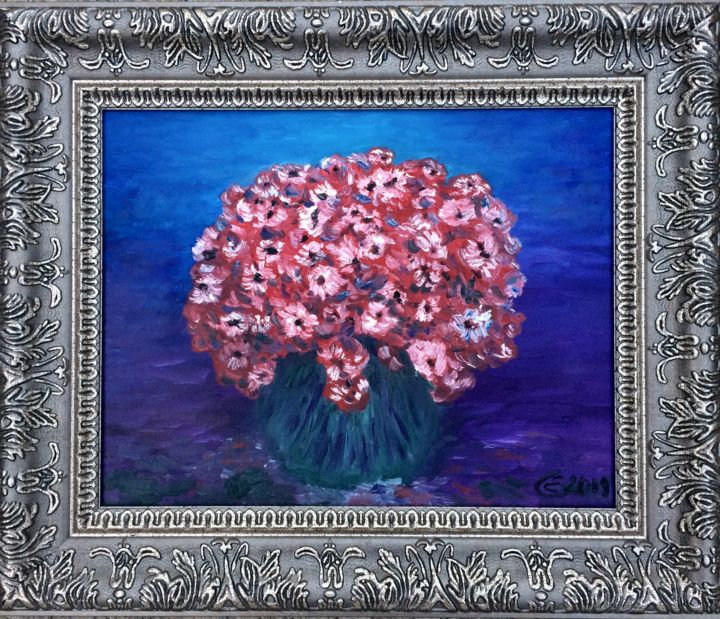 Painting titled "Red Flowers On Blue" by Elena Cobb, Original Artwork, Oil