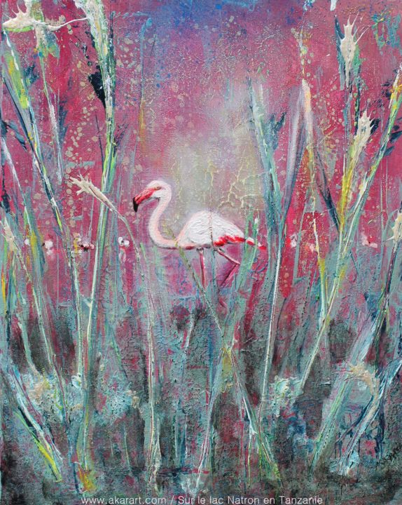 Peinture intitulée "Flamant rose du Lac…" par Akara Péala, Œuvre d'art originale