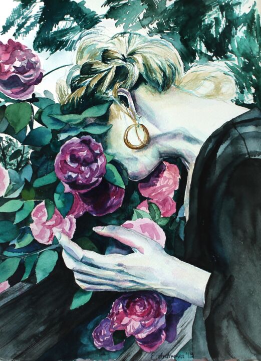 Картина под названием "Does flowers make s…" - Ekaterina Antipova, Подлинное произведение искусства, Акварель