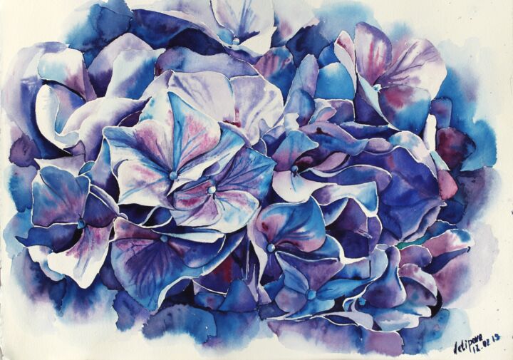 Malarstwo zatytułowany „Hydrangea” autorstwa Ekaterina Antipova, Oryginalna praca, Akwarela