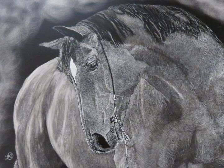 Painting titled "Regal Mist" by Karen Nealon, Original Artwork, Scratchboard Mounted on Other rigid panel