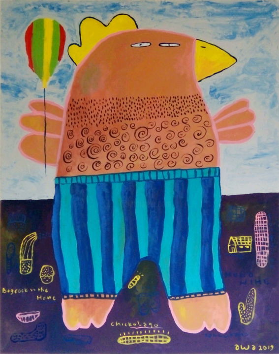 Schilderij getiteld "Big Man with Balloon" door Akbar Warisqia, Origineel Kunstwerk, Acryl