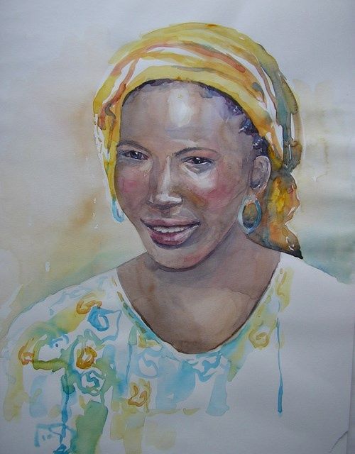 Peinture intitulée "Femme au foulard ja…" par Annick Claude, Œuvre d'art originale