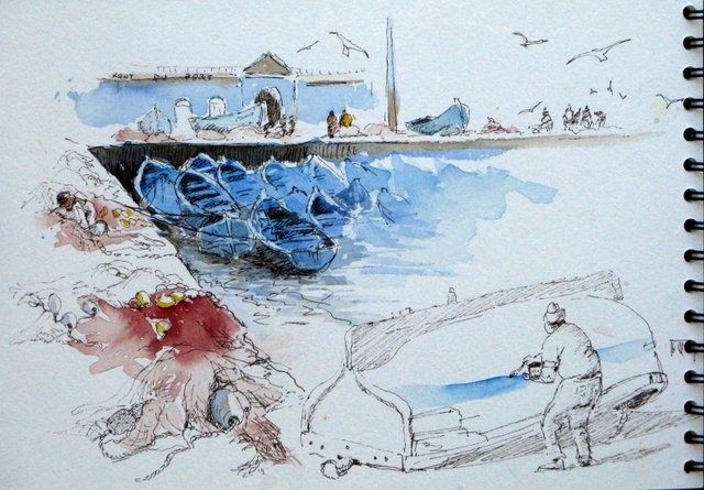 Peinture intitulée "Croquis Essaouira" par Annick Claude, Œuvre d'art originale