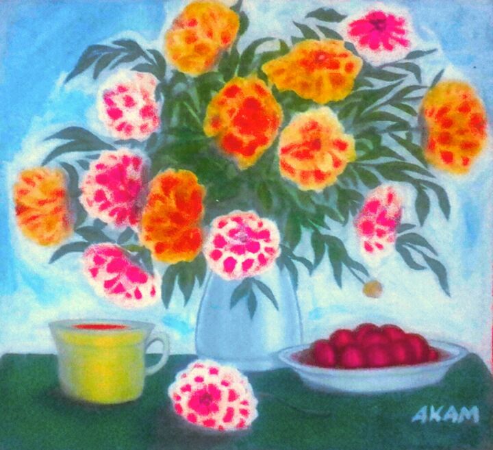 Peinture intitulée "fleurs-fruits-et-ju…" par Akida Amos (AKAM), Œuvre d'art originale