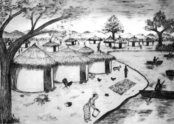 Drawing titled "mon-beau-village.jpg" by Akida Amos (AKAM), Original Artwork