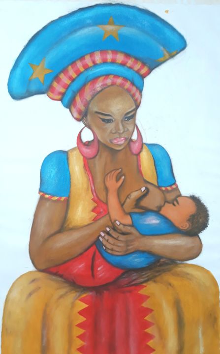 Painting titled "Allaiter à la congo…" by Akida Amos (AKAM), Original Art, Oil