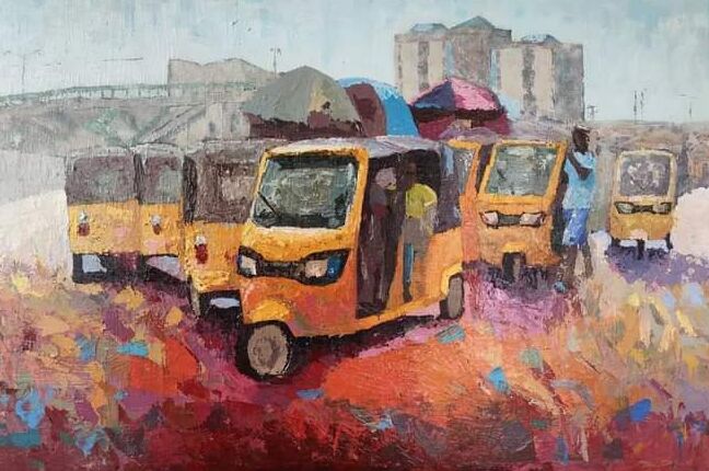 Painting titled "Tricycle pack" by Akinbobola Michael Imoeayo, Original Artwork, Acrylic