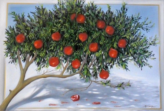 Pittura intitolato "pomegranates tree" da Akis Topalis, Opera d'arte originale, Olio