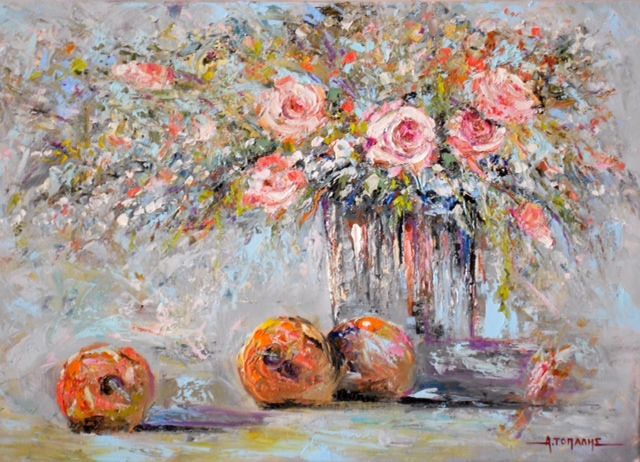 Pittura intitolato "flowers" da Akis Topalis, Opera d'arte originale, Olio