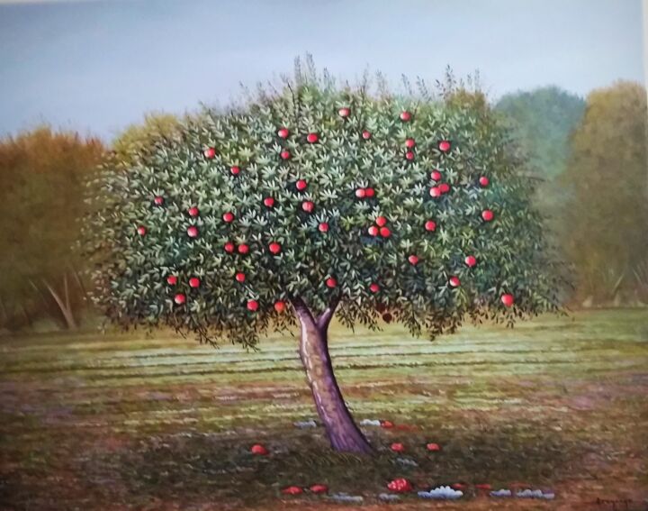 Painting titled "pomegranate tree" by Akis Topalis, Original Artwork, Oil