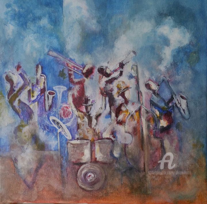 Painting titled "la musique" by Ako Wilson, Original Artwork, Oil Mounted on Wood Stretcher frame