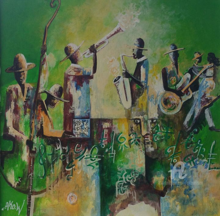 Malarstwo zatytułowany „Jazz” autorstwa Ako Wilson, Oryginalna praca, Akryl Zamontowany na Drewniana rama noszy